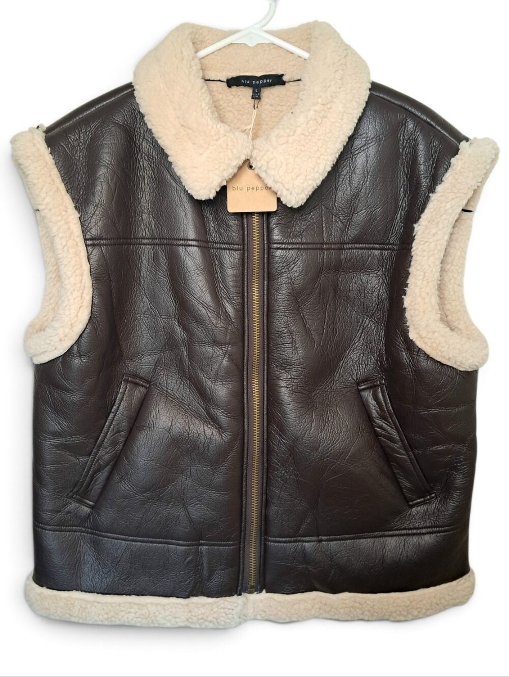 Blue Pepper Dark Brown Faux Leather Sherpa Vest Size Large NWT